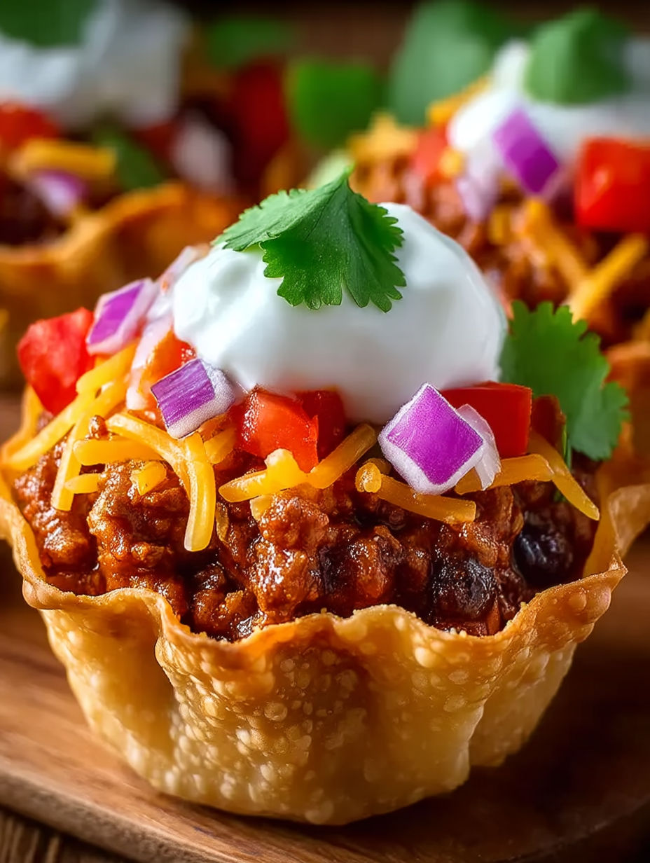 A close up of a chili dog in a tortilla cup.