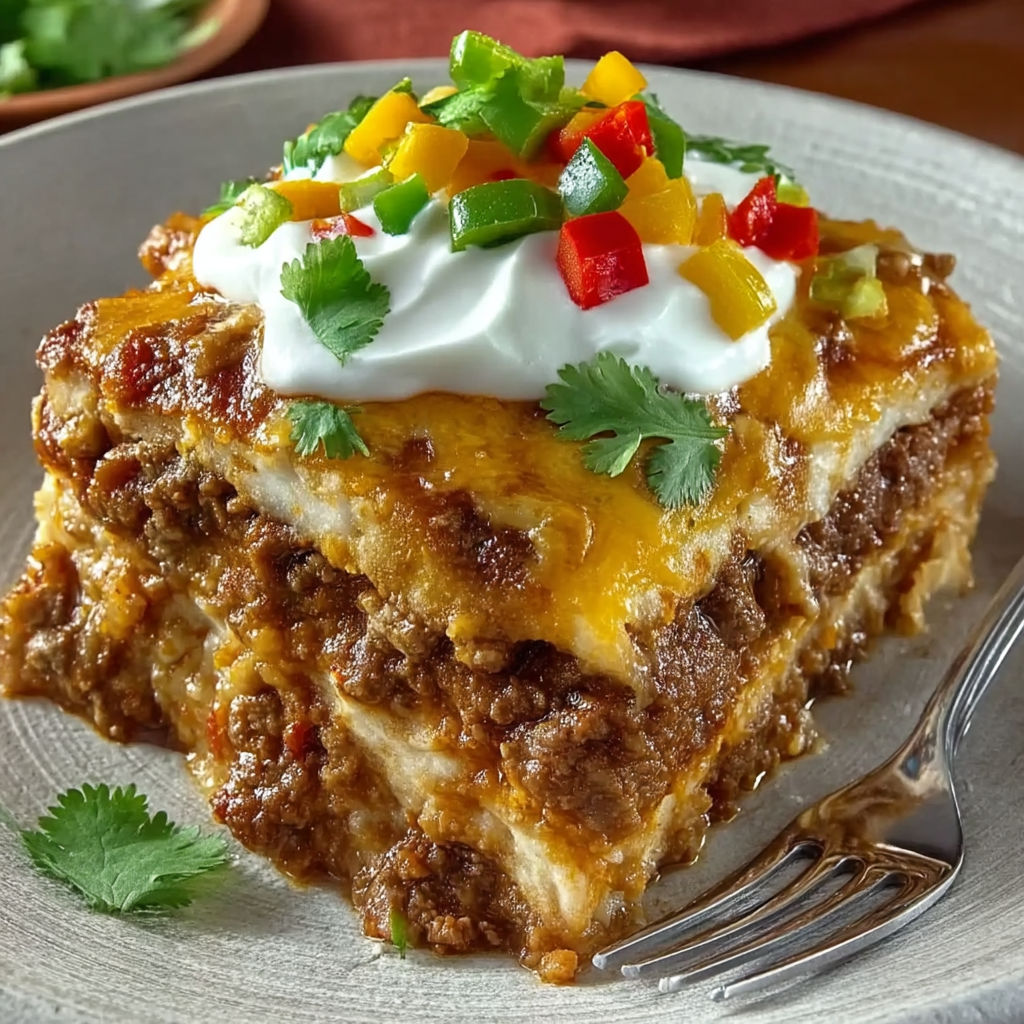 A delicious beef enchilada casserole is ready to be served.