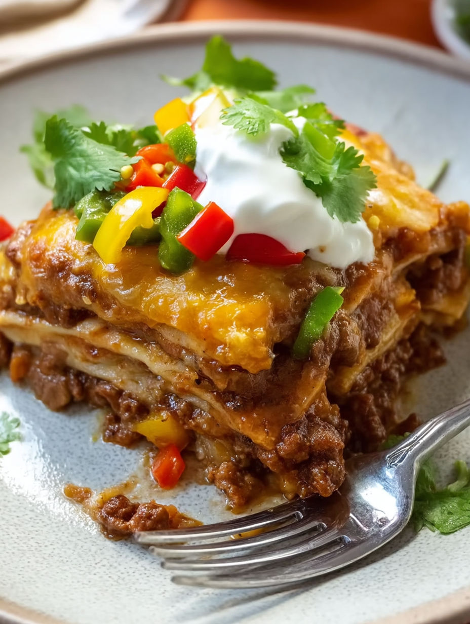 A close up of a delicious beef enchilada casserole.