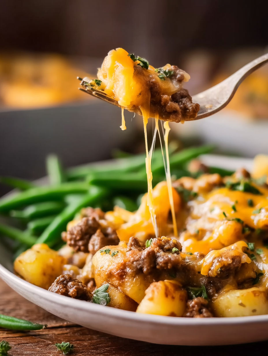 A close up of a fork full of food.