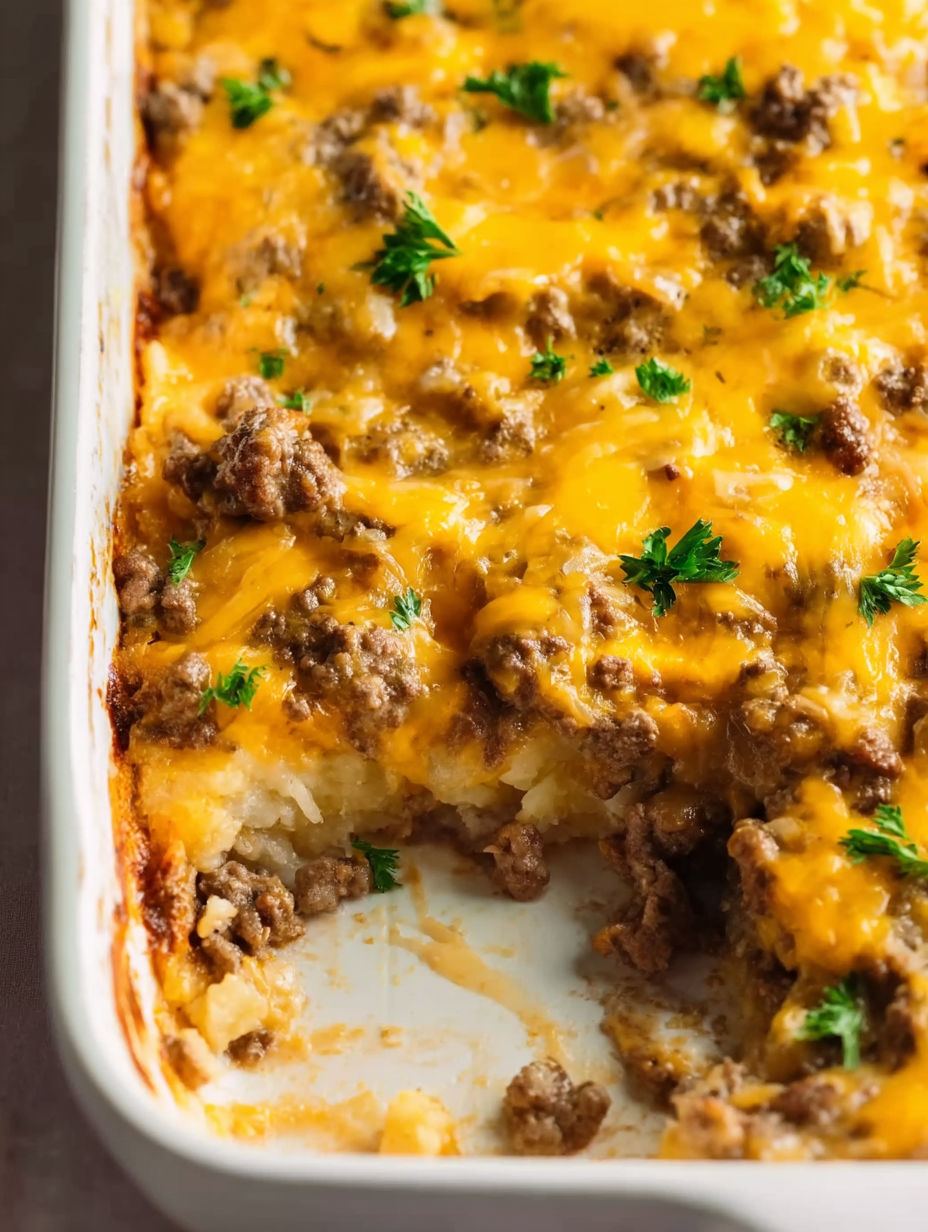 A casserole with ground beef and potatoes.