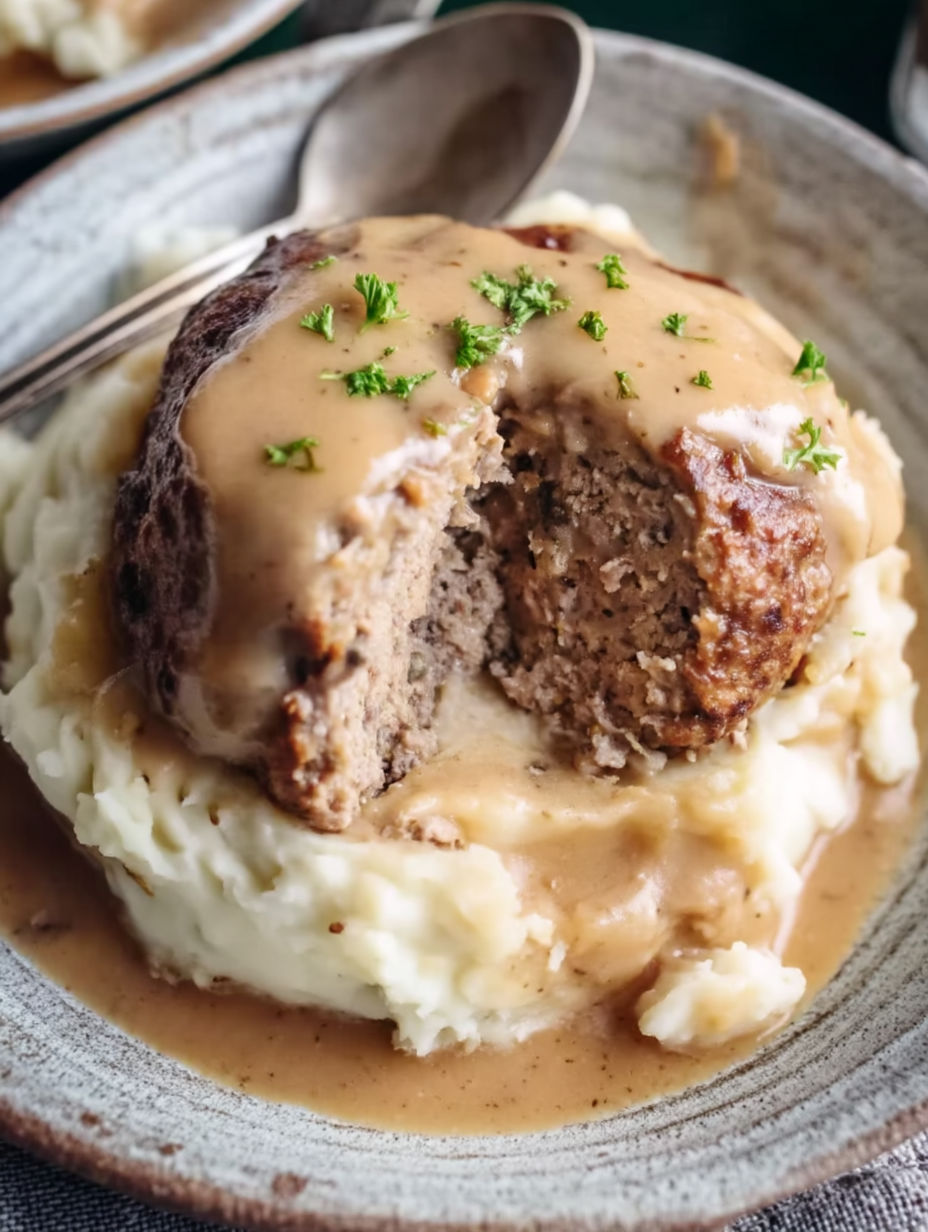 Hamburger steaks covered in gravy.