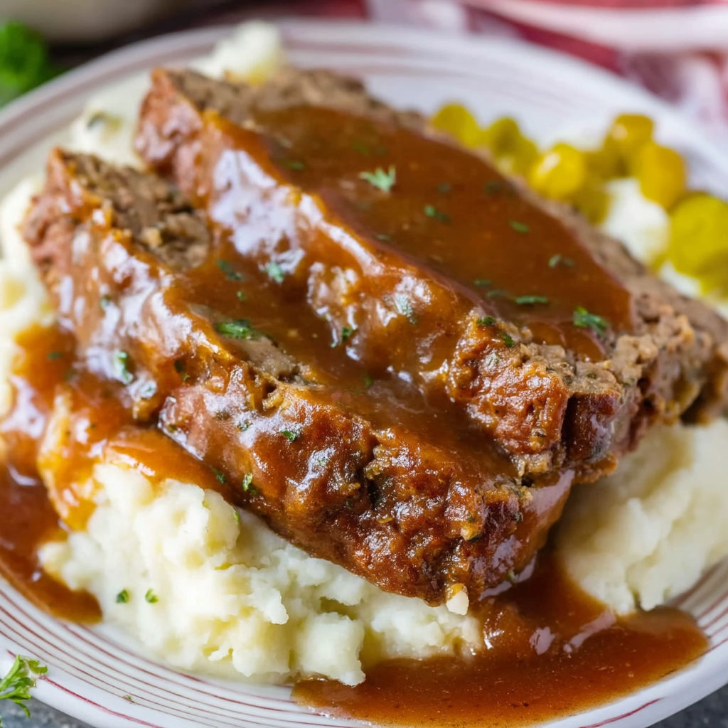 A plate of meatloaf with gravy.