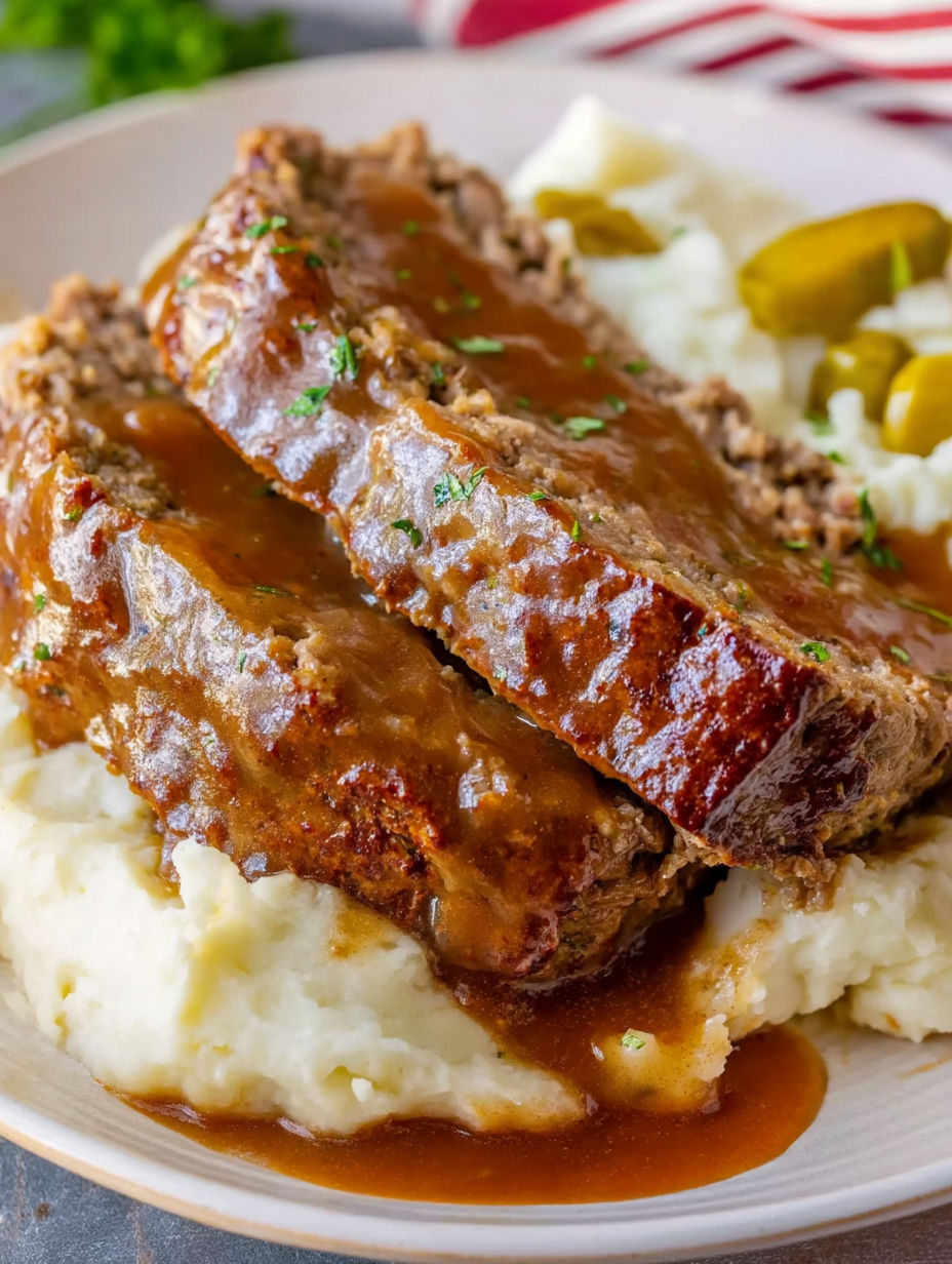 A plate of meatloaf with gravy and mashed potatoes.