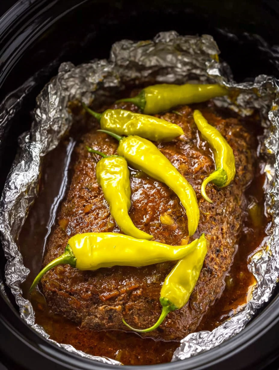 A crock pot of Mississippi meatloaf with peppers.