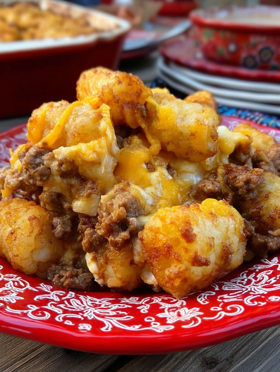 A plate of food with a sloppy joe tater tot casserole recipe.