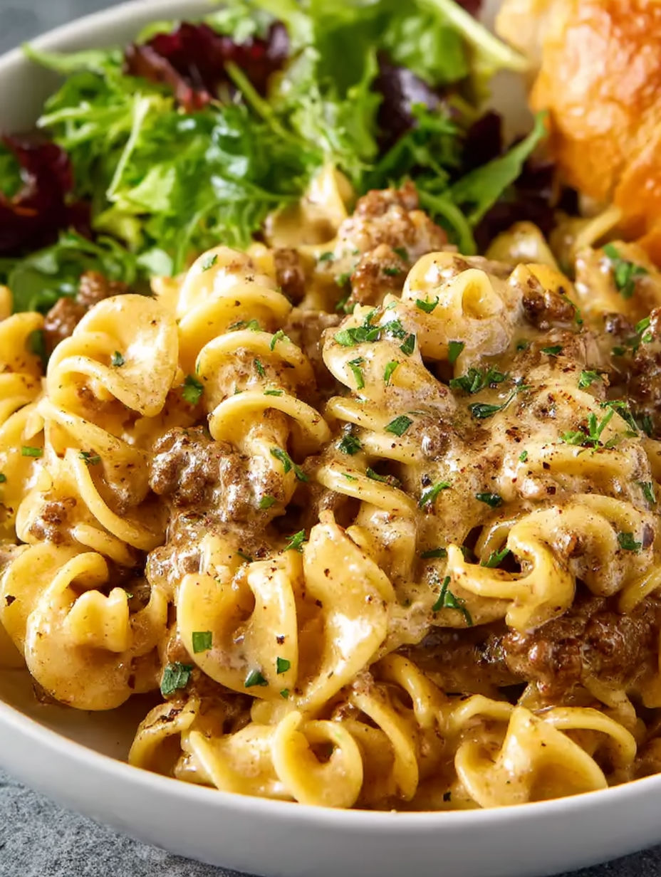 Hamburger Helper Stroganoff with noodles and vegetables.