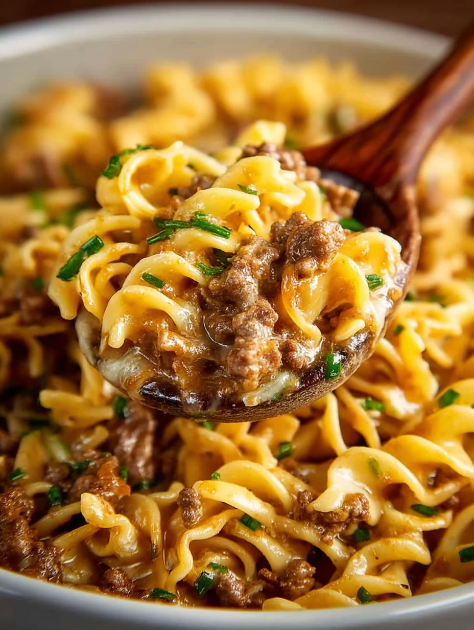 Hamburger Helper Stroganoff in a spoon.