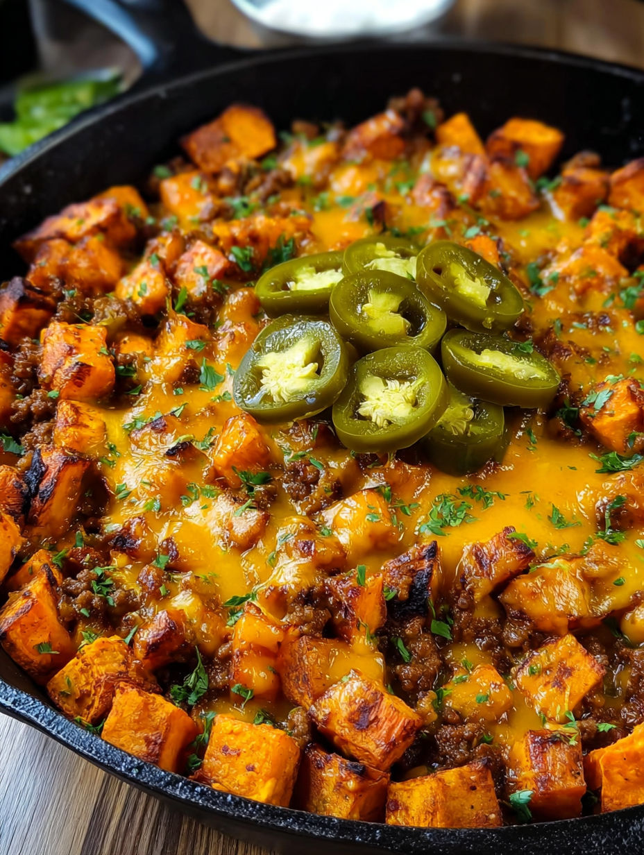 A skillet filled with chili cheese potatoes.