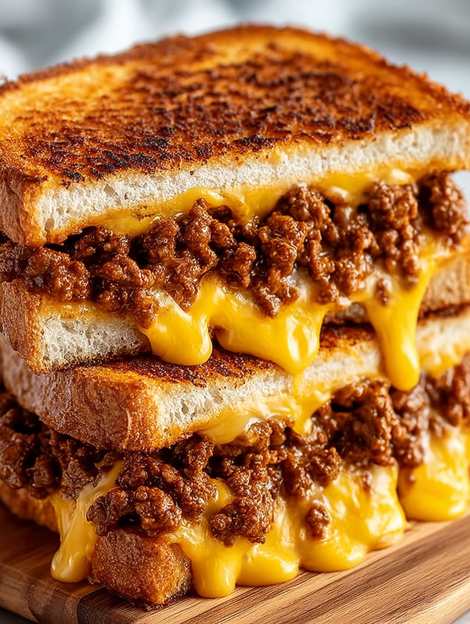 A grilled cheese sandwich with sloppy joe filling.