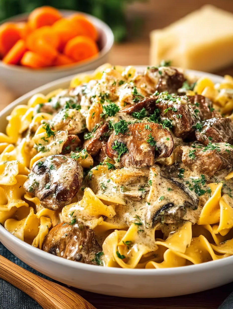 A plate of beef stroganoff with noodles and mushrooms.
