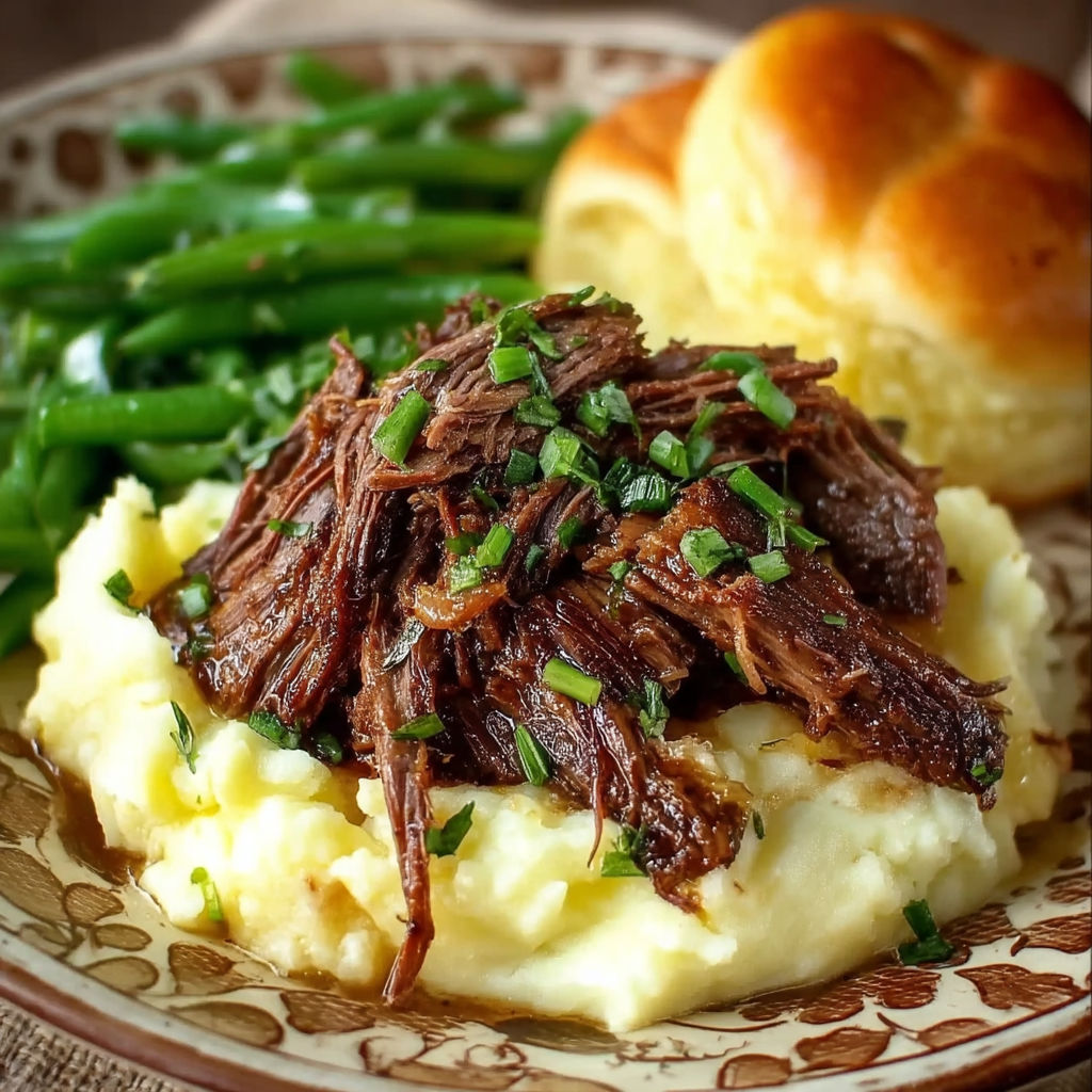 A plate of Mississippi pot roast with green beans and biscuits.