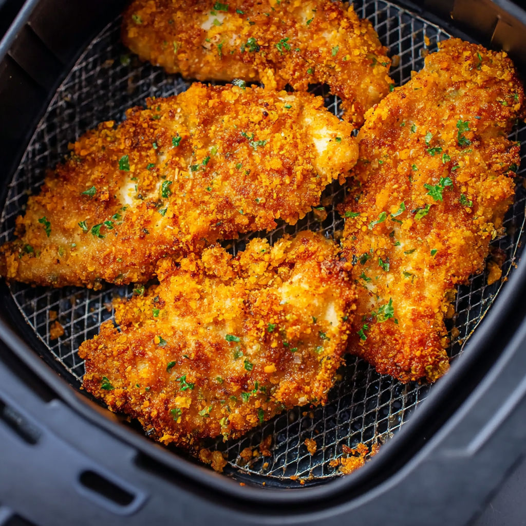 Chicken tenders in an air fryer.