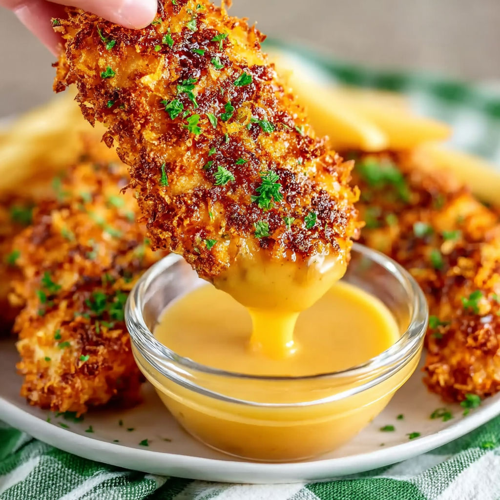 A person is dipping chicken tenders into a bowl of sauce.
