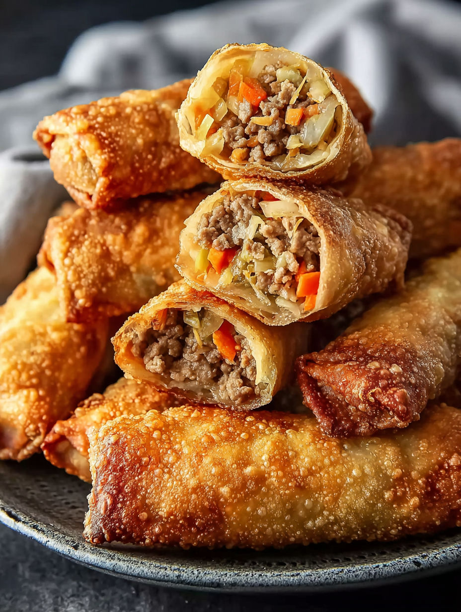 Golden brown egg rolls with meat and vegetables.