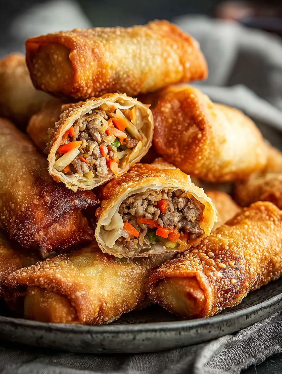 Golden brown egg rolls with meat and vegetables inside.