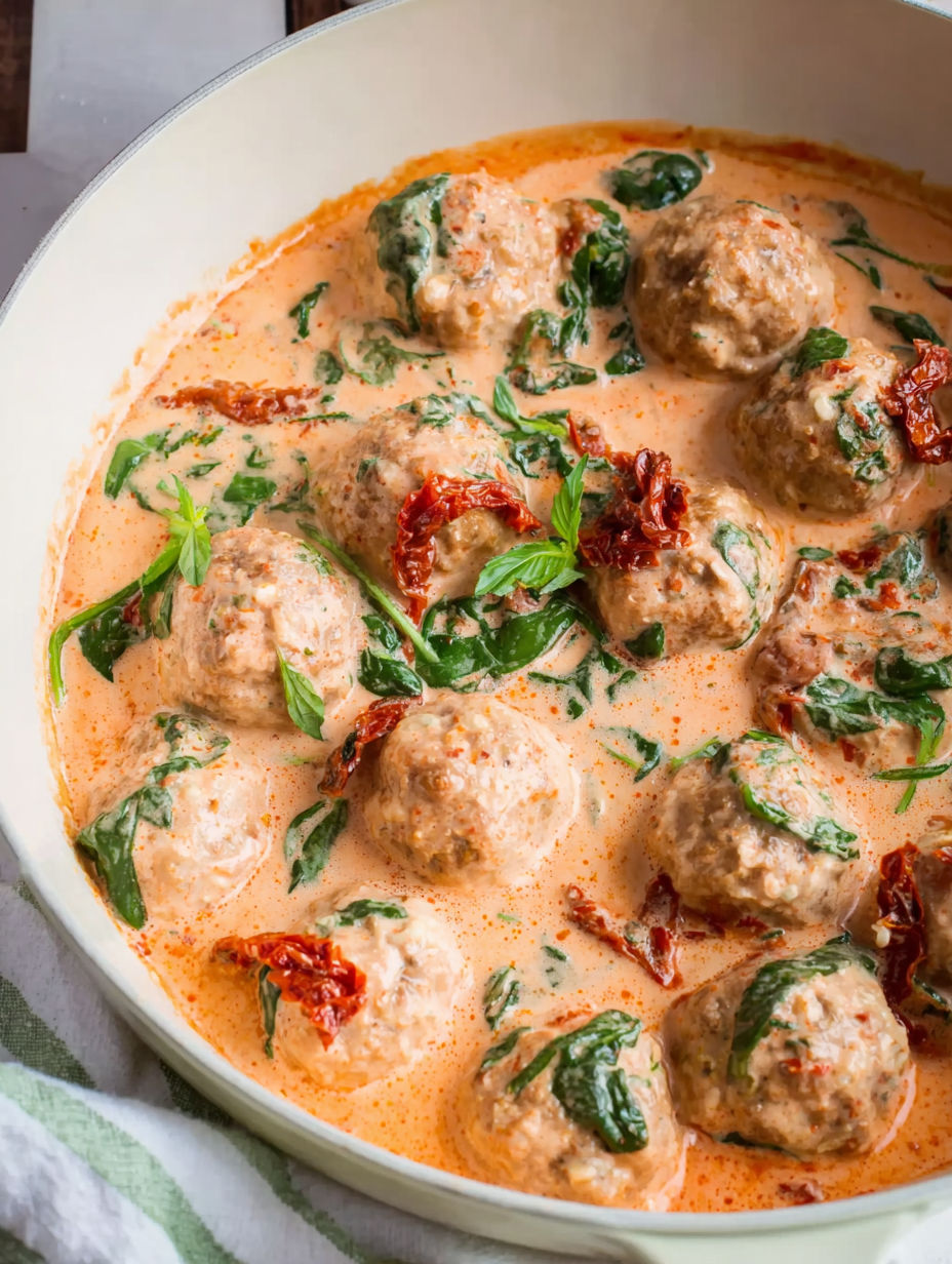 A bowl of food with meatballs and greens.