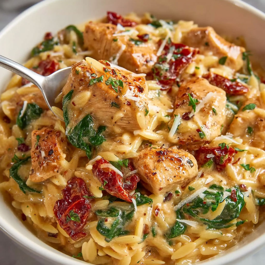 A bowl of chicken and pasta.