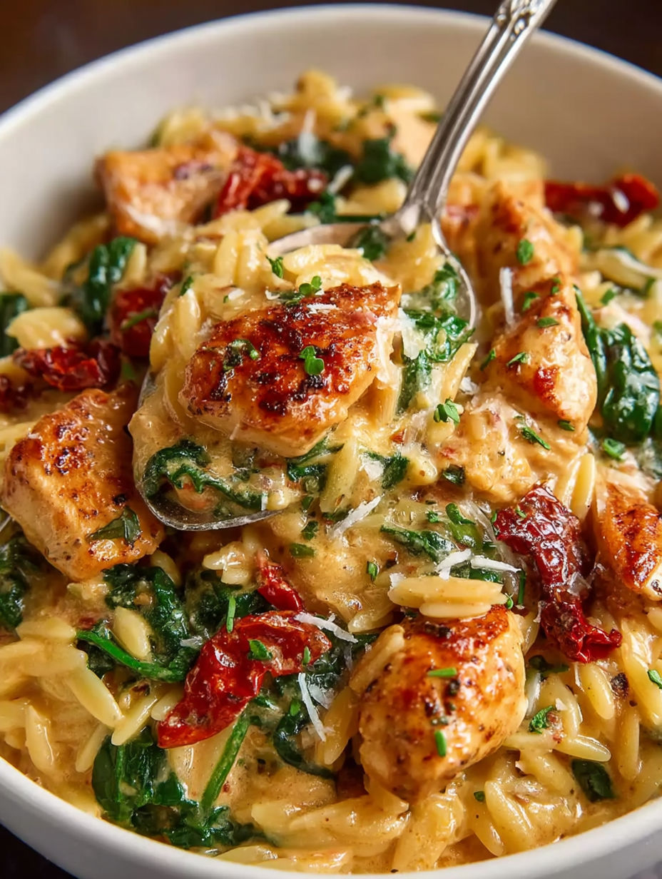 A bowl of chicken and pasta.