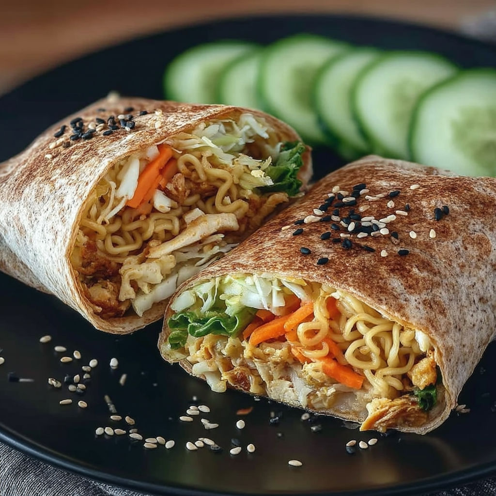 A plate of food with a ramen wrap and cucumbers.