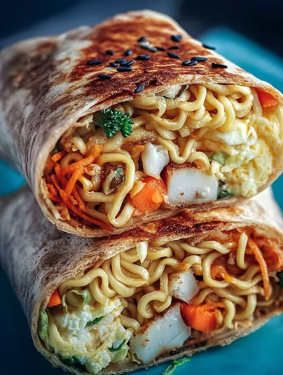 A noodle wrap with vegetables and meat.