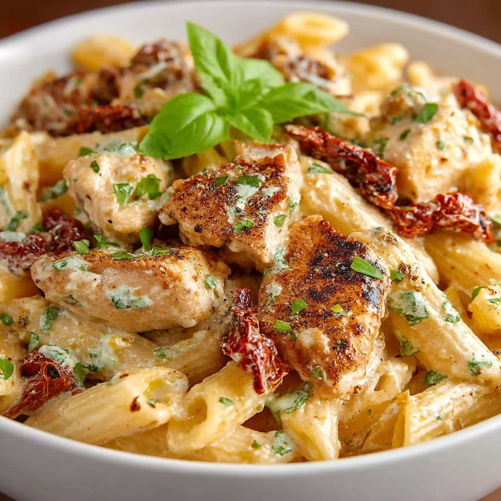 A bowl of chicken and pasta.