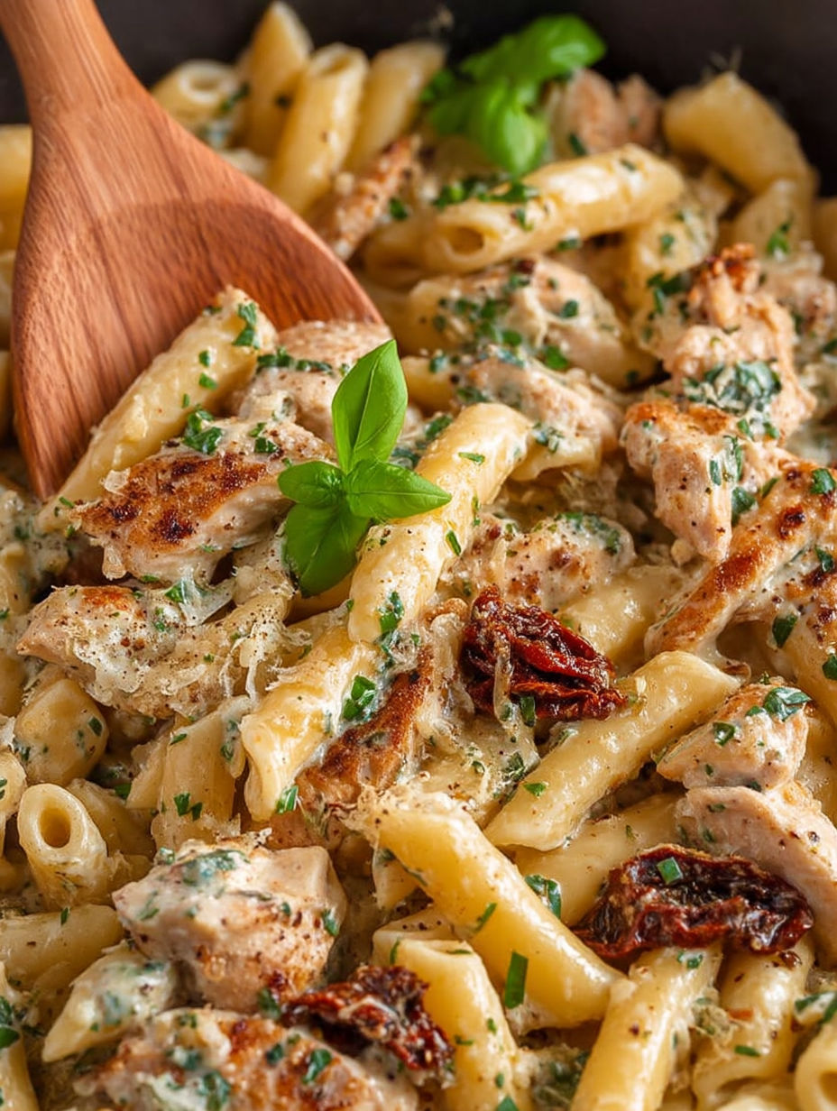 A plate of chicken and pasta with a fork on top.