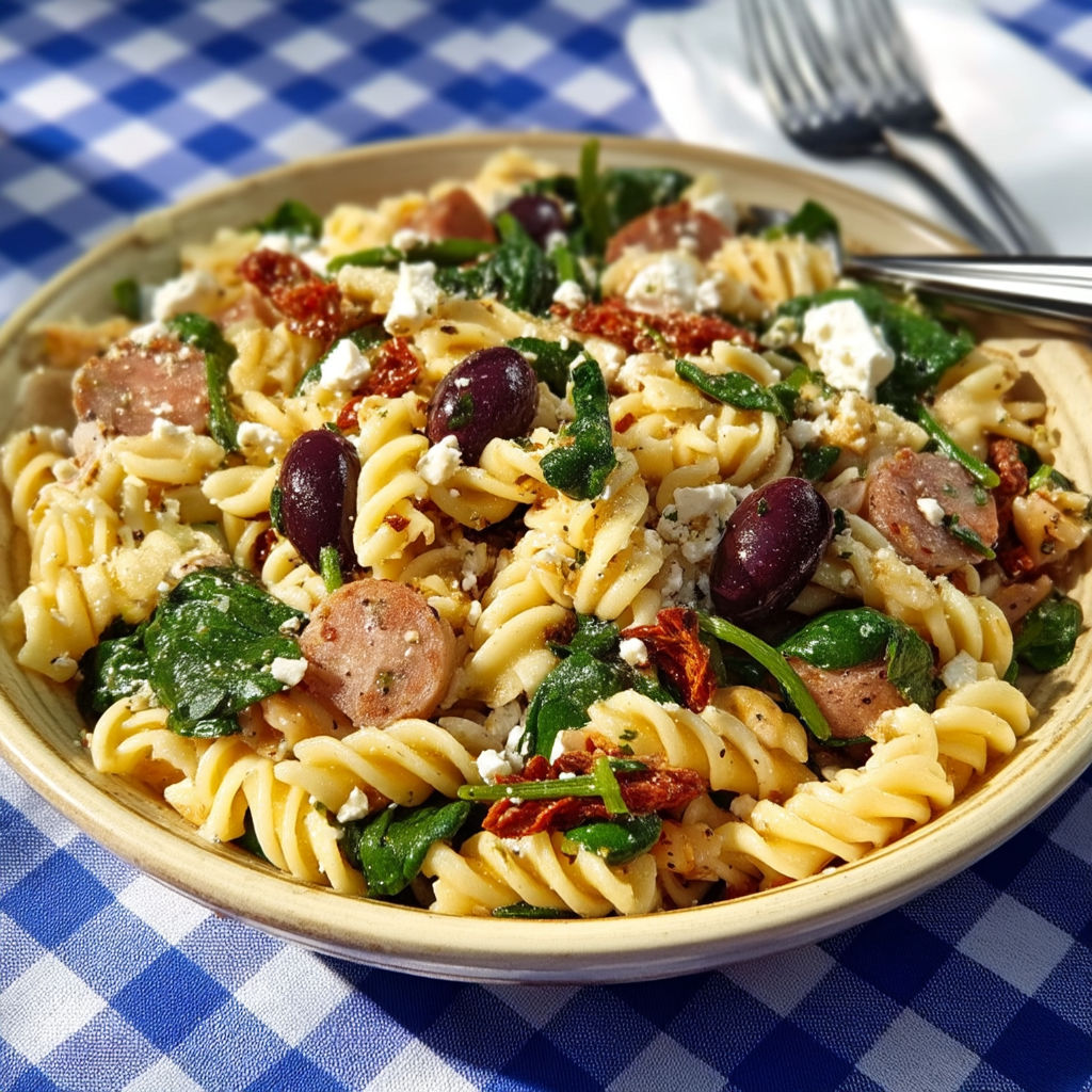 A bowl of pasta with olives and feta cheese.