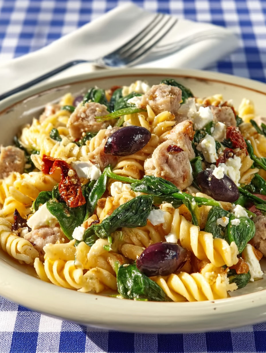 A bowl of pasta with meat and olives.