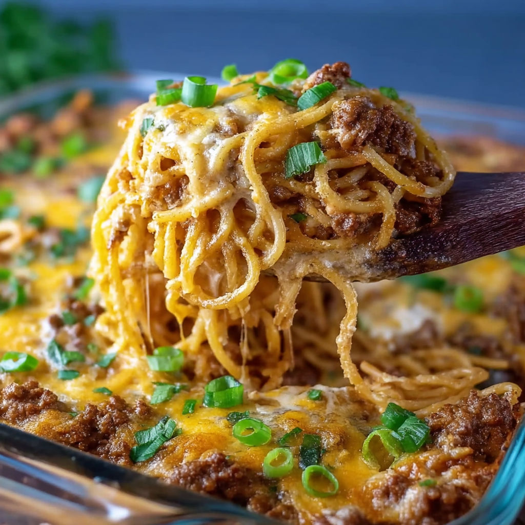 A spaghetti dish with meat and vegetables.