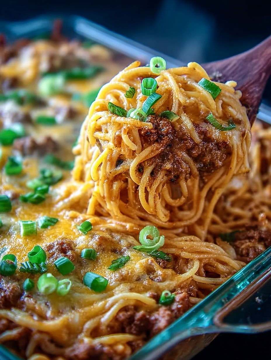 A spaghetti casserole with meat and vegetables.