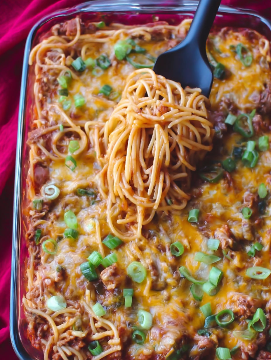 A close up of a spaghetti dish with a fork on top.