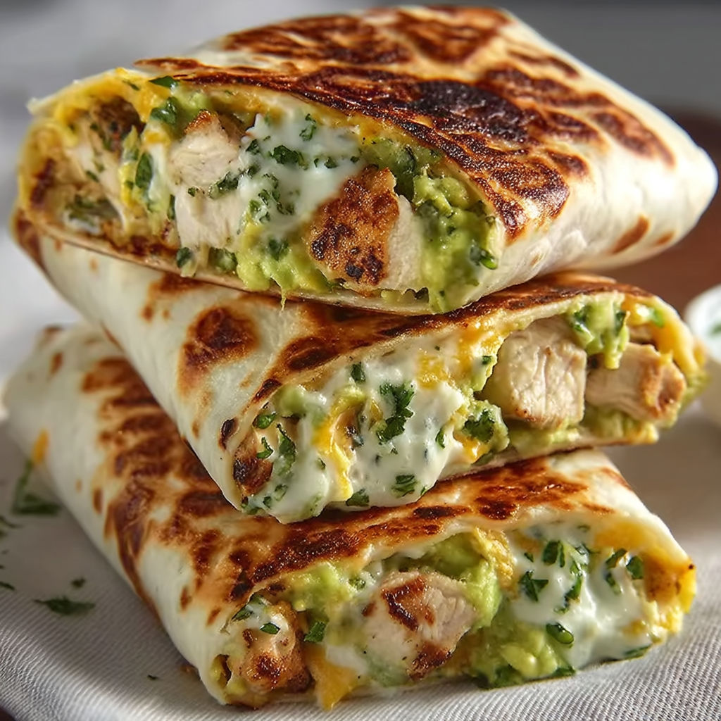 Three chicken burritos stacked on a plate.