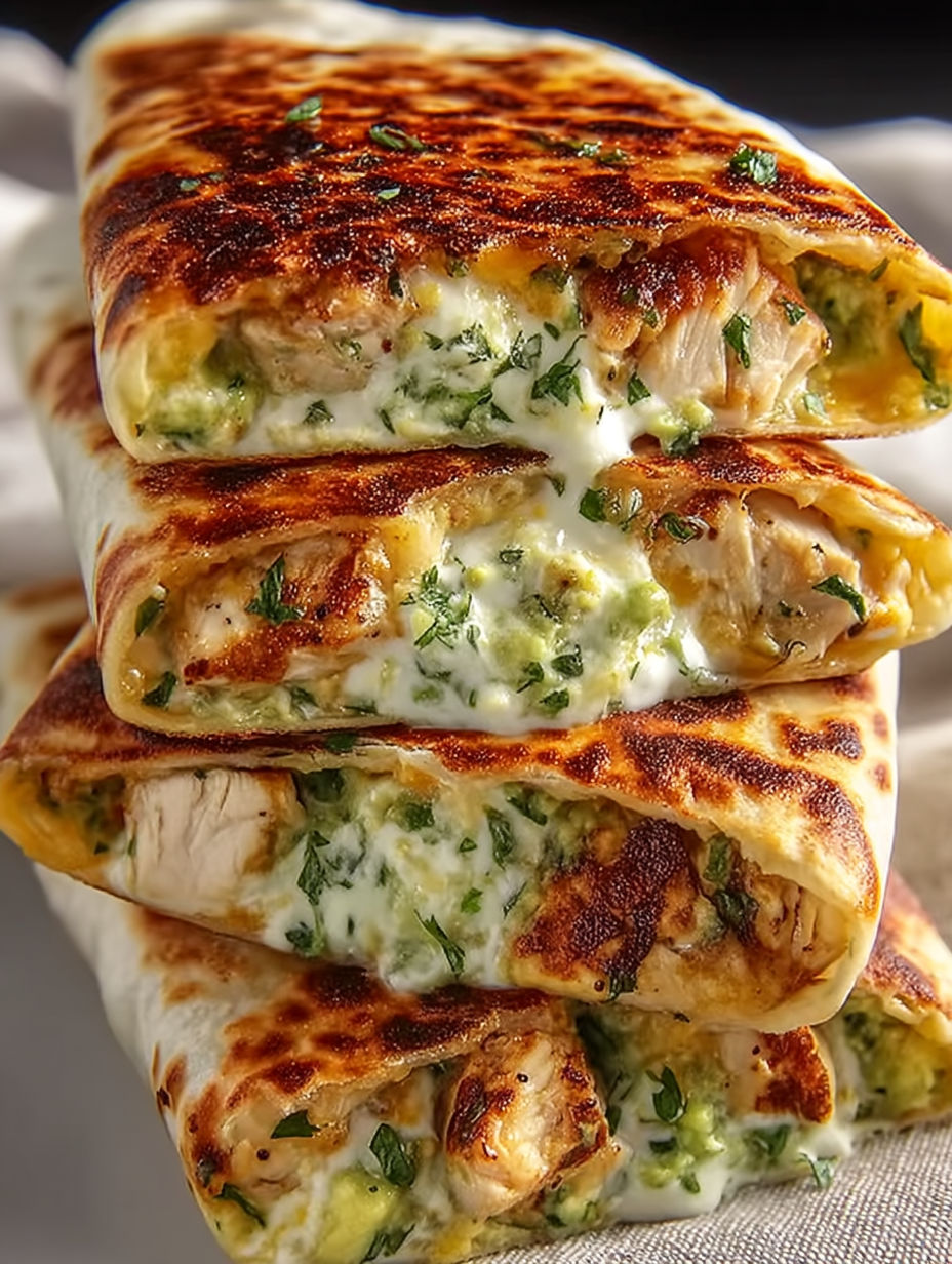 A stack of chicken burritos with white sauce.