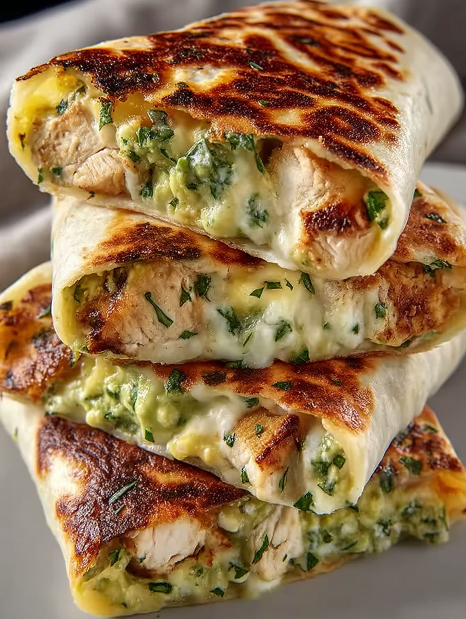 A stack of chicken burritos with cheese and green stuff.