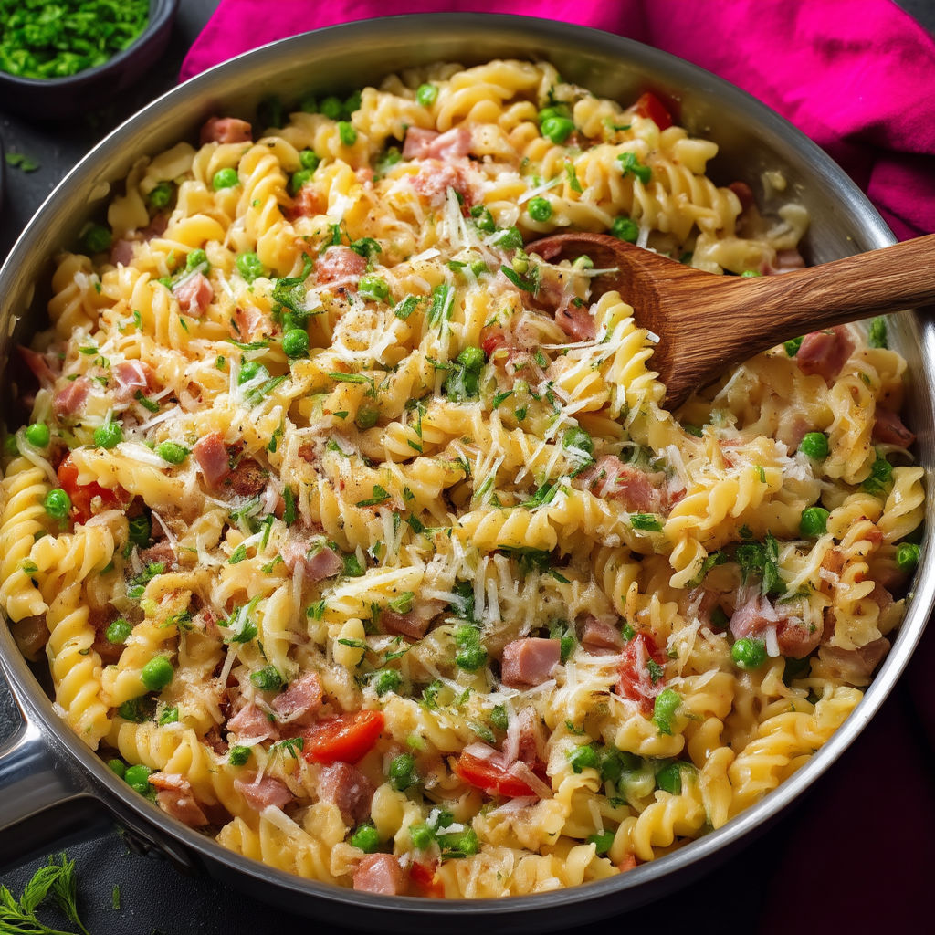 A pan of pasta with ham and peas.