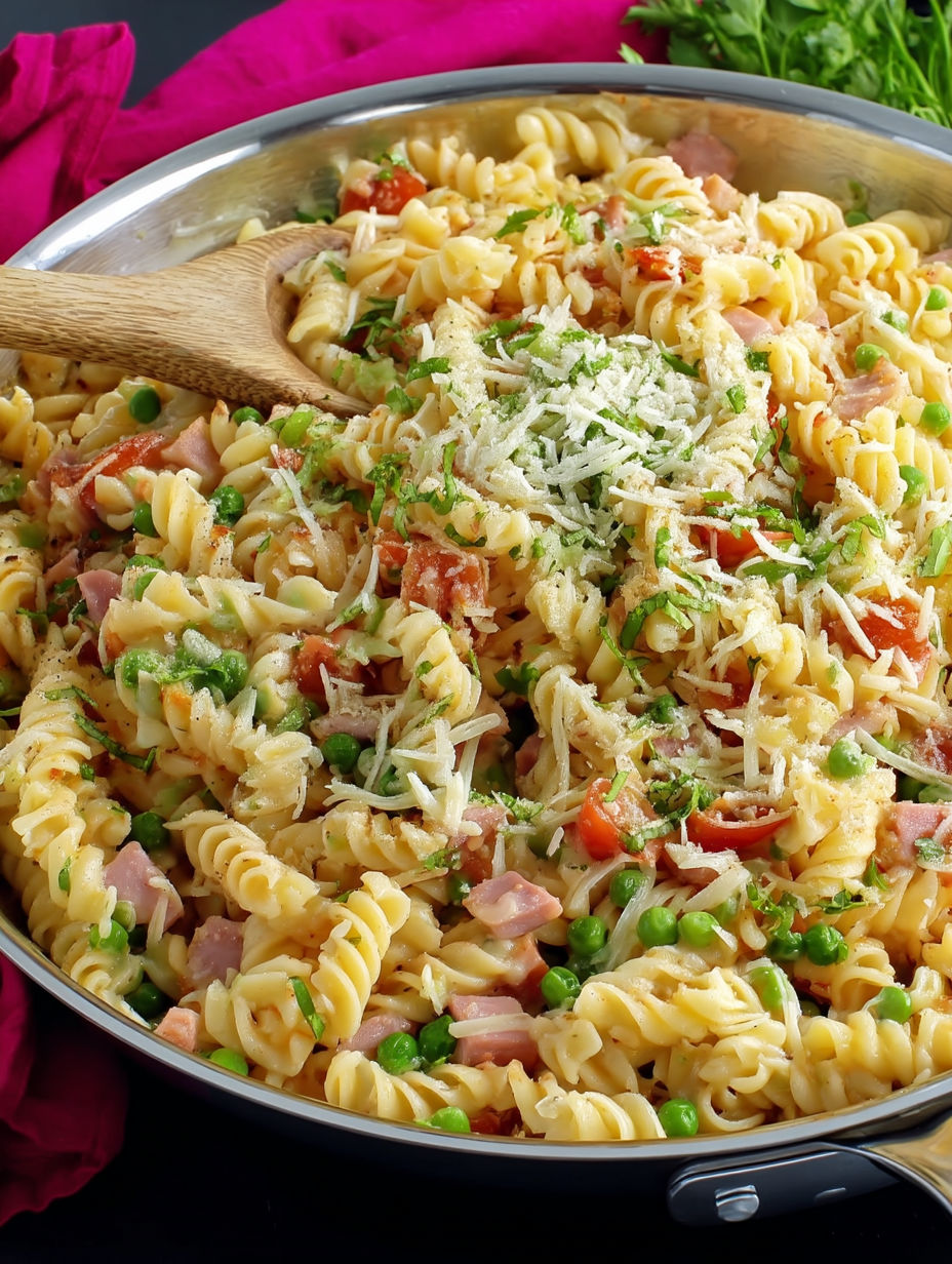 A bowl of pasta with ham and peas.