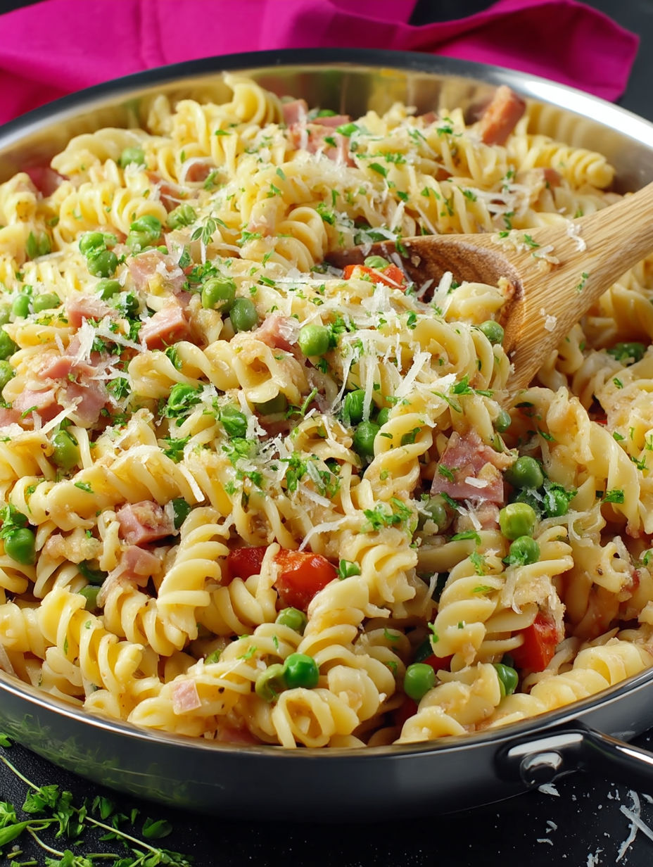 A bowl of pasta with peas and ham.