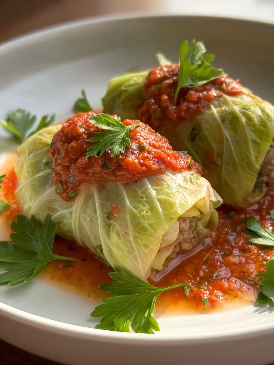 A plate of food with cabbage rolls.