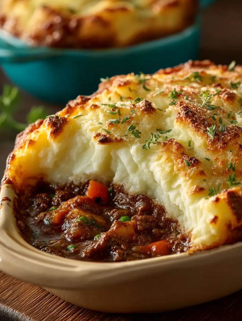 A close up of a delicious shepherd's pie.