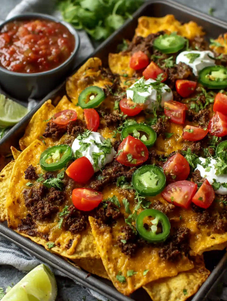 A delicious looking nacho dish with tomatoes, jalapenos, and cheese.