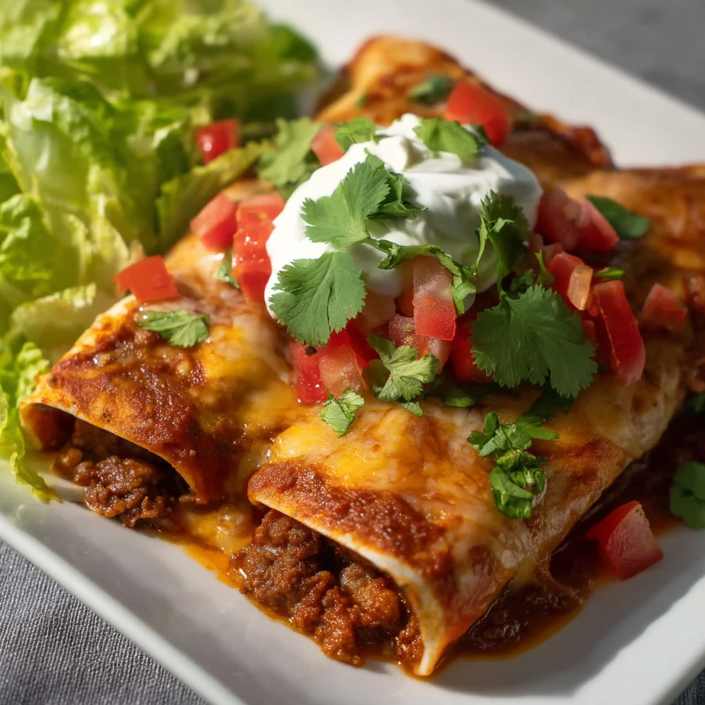 A plate of beef enchiladas with tomatoes and lettuce.