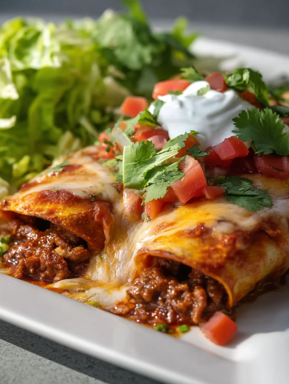 A plate of beef enchiladas with tomatoes and lettuce.
