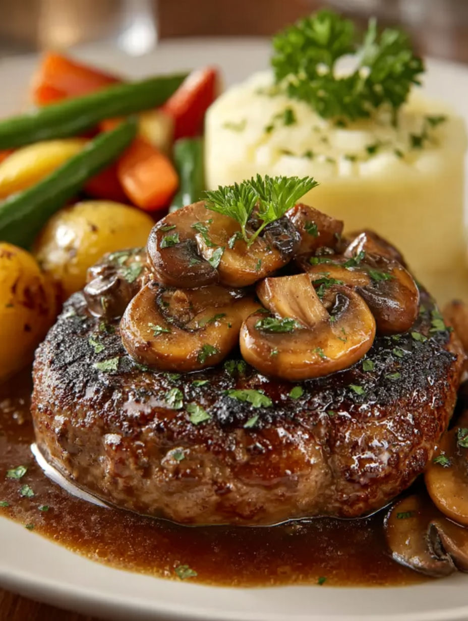 A delicious meal of Salisbury steak with mushrooms.