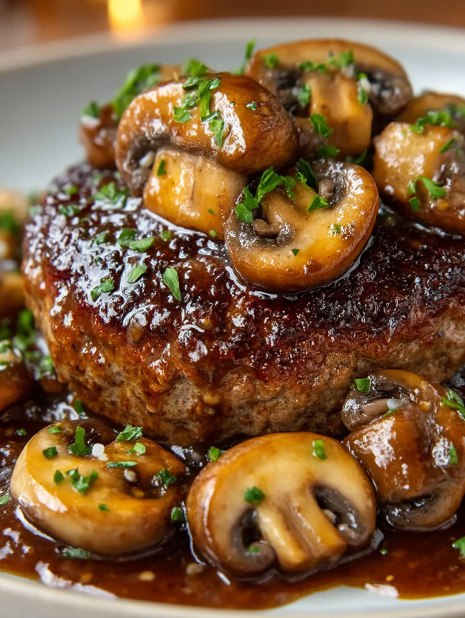 A close up of a Salisbury steak with mushrooms.