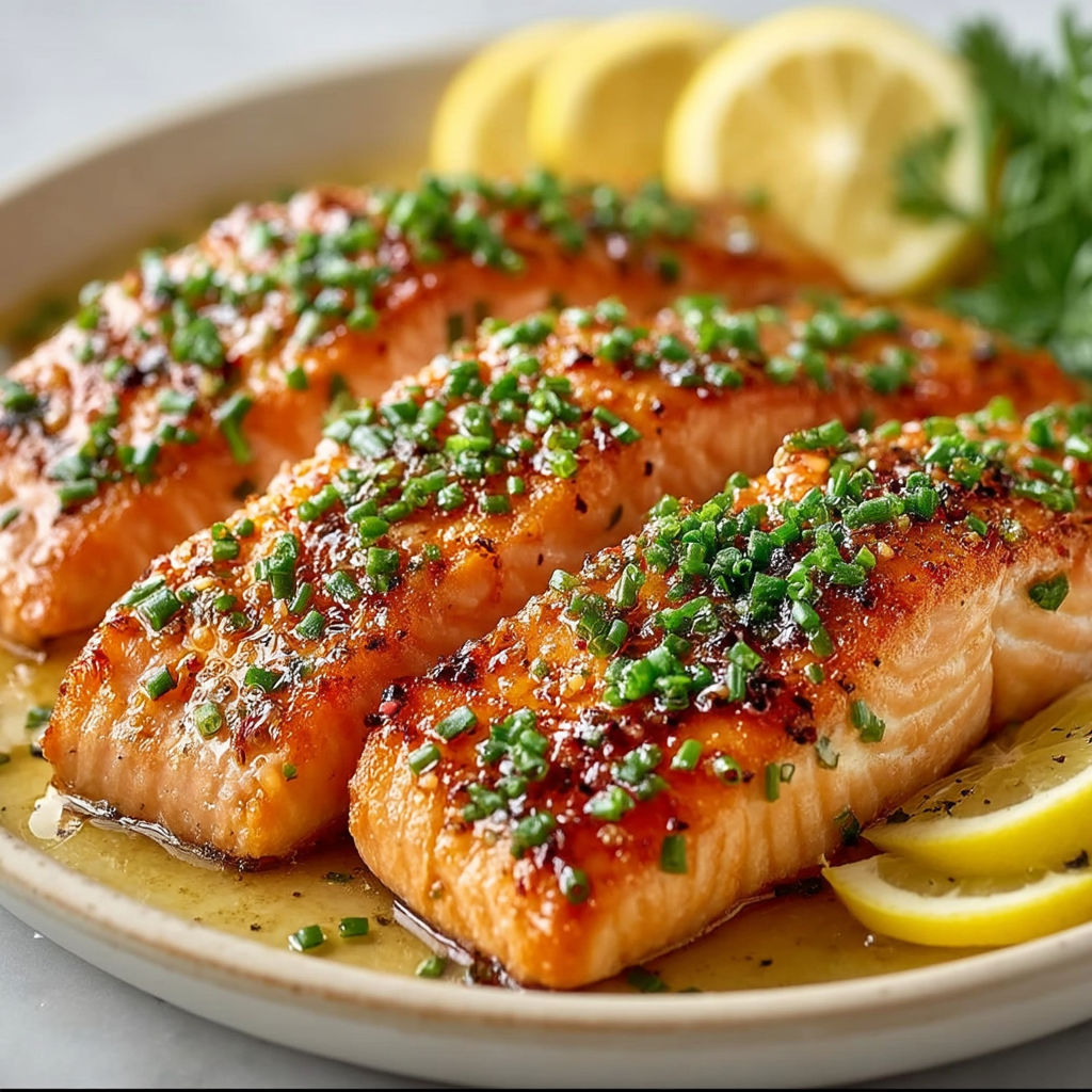 A plate of salmon with lemon wedges on top.