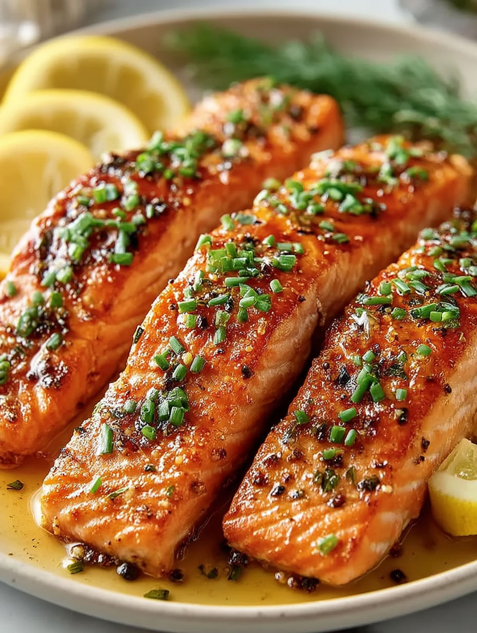 A close up of salmon with a honey garlic glaze.