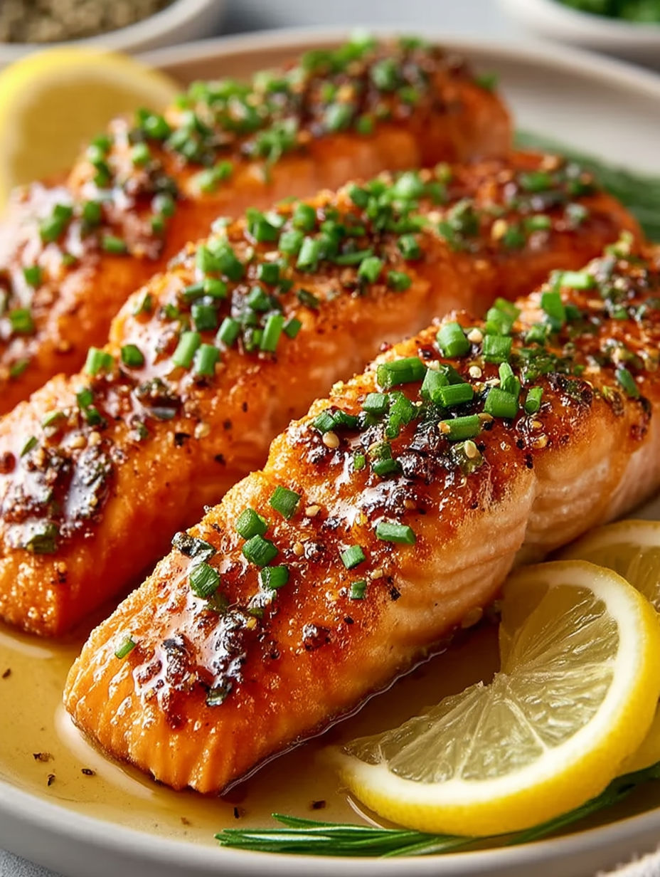 A close up of a piece of salmon with a lemon wedge on top.