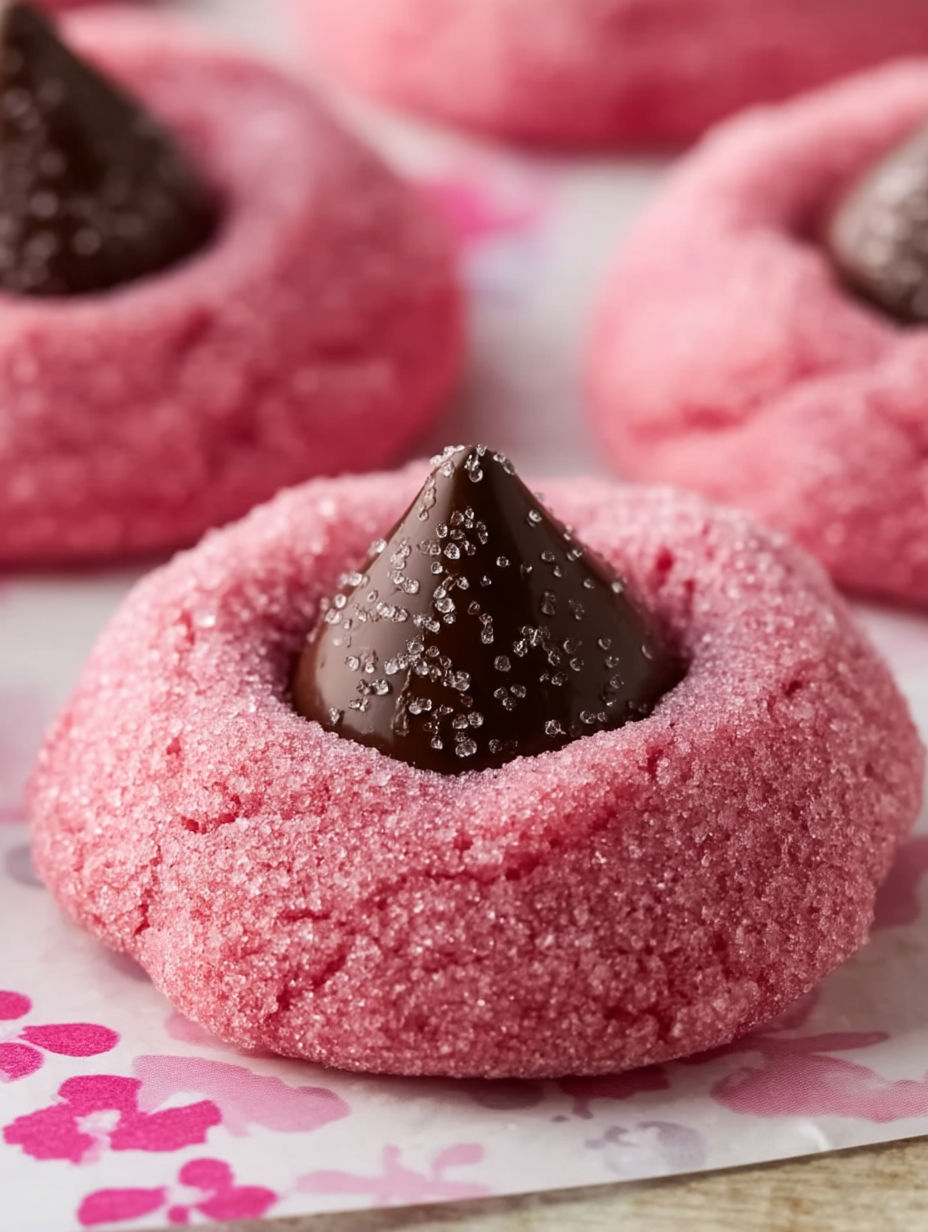 A pink cookie with a chocolate chip on top.