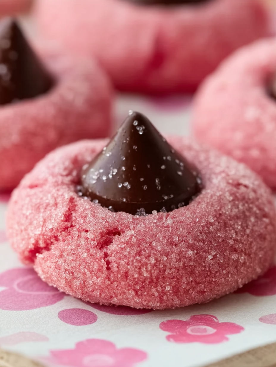 A close up of a pink cookie with a chocolate drizzle.